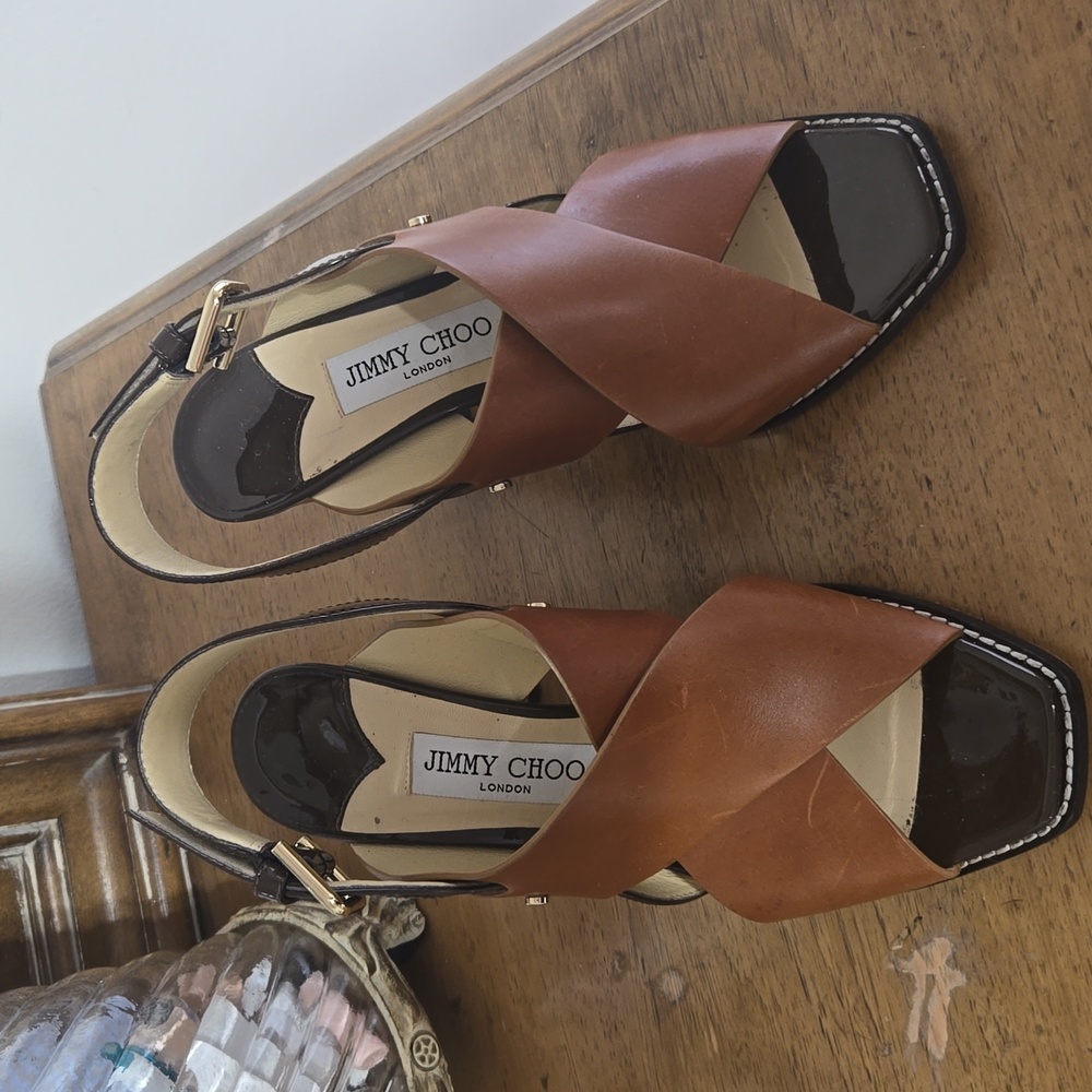 Jimmy Choo patent  and leather wood heeled sandals  size 38.5